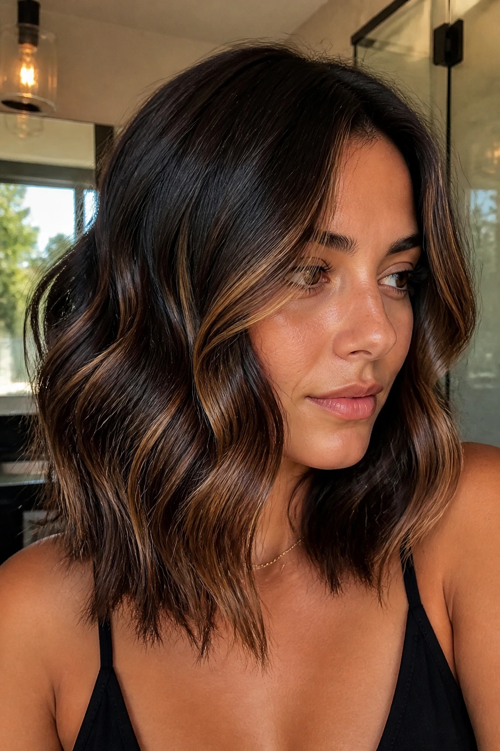 Wavy lob with burnt sugar highlights along the lengths.