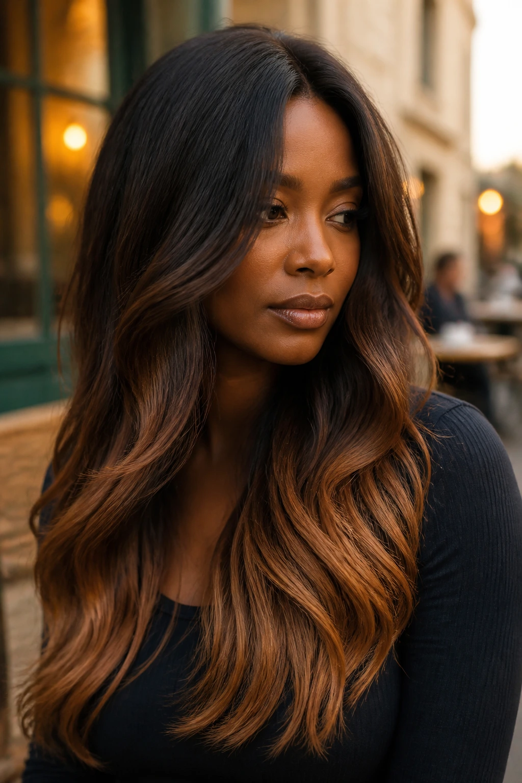 Close-up of burnt sugar ombre hair on a real person with rich root-to-end gradient