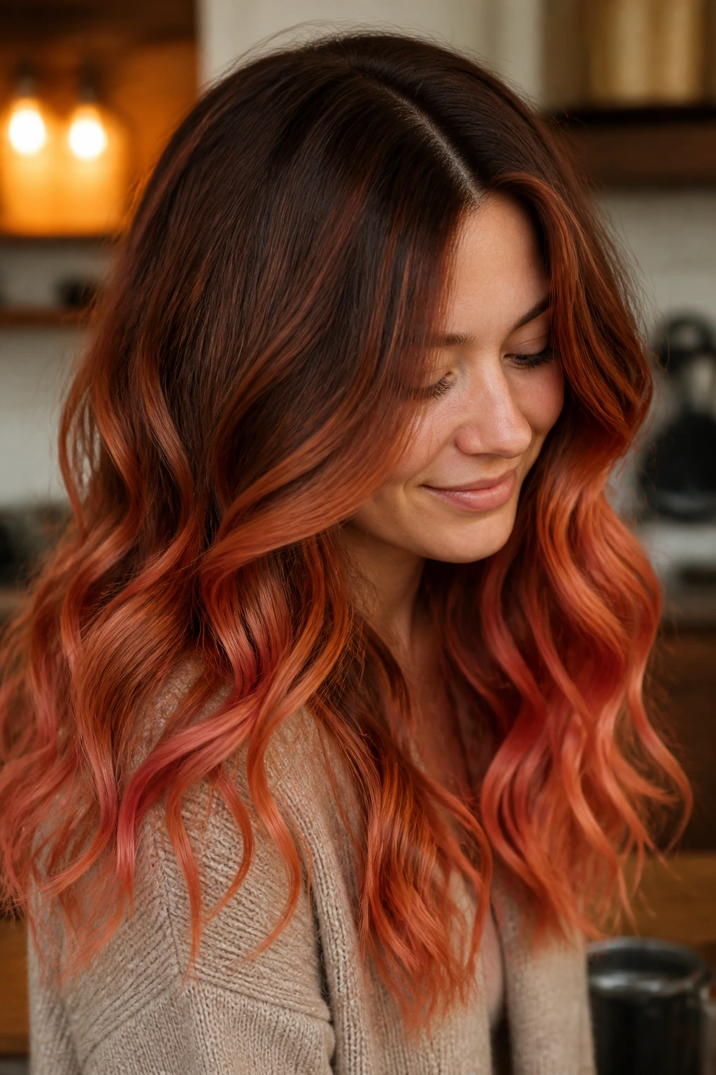 Brunette with burnt sugar strawberry melt color transition