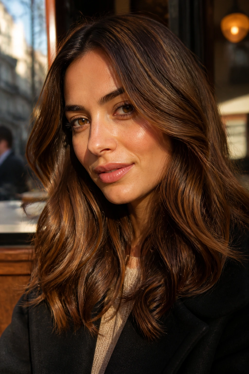 Portrait of a real woman with burnt sugar waves on olive skin
