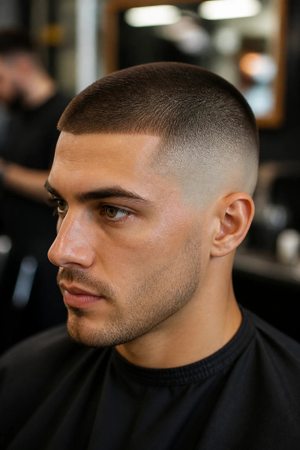 Man with burr cut and skin fade in barber setting.