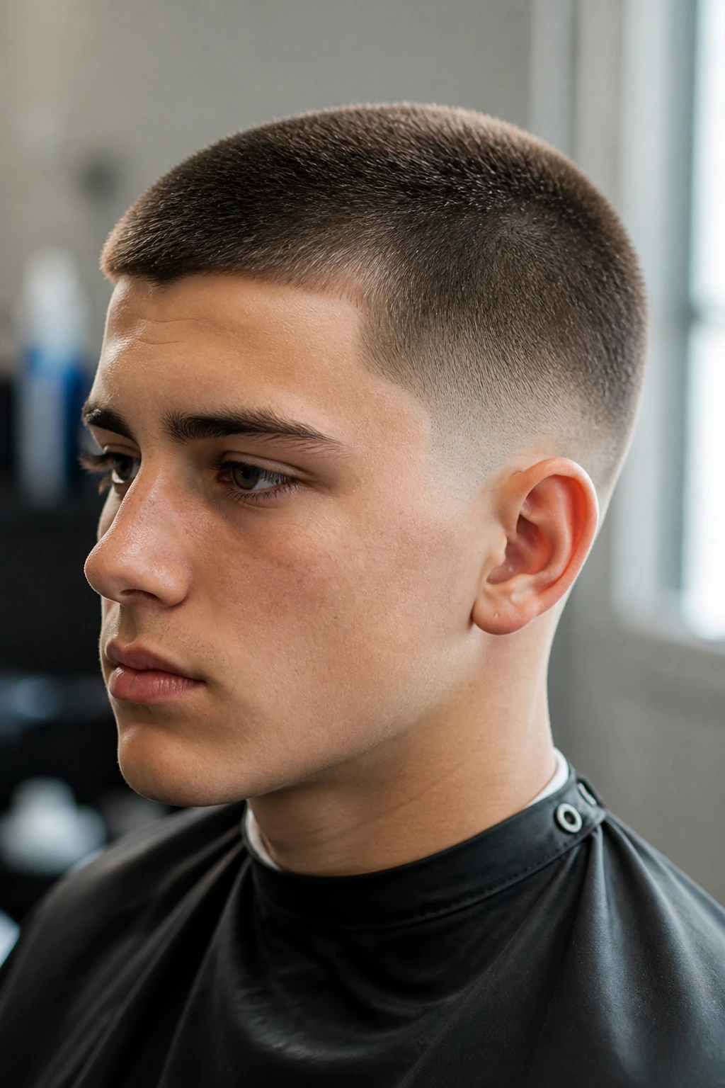 Teen boy with burr cut and soft taper showing clean silhouette