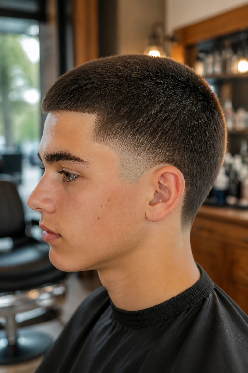 Close-up teen portrait with Burst Fade Buzz hairstyle in barbershop setting