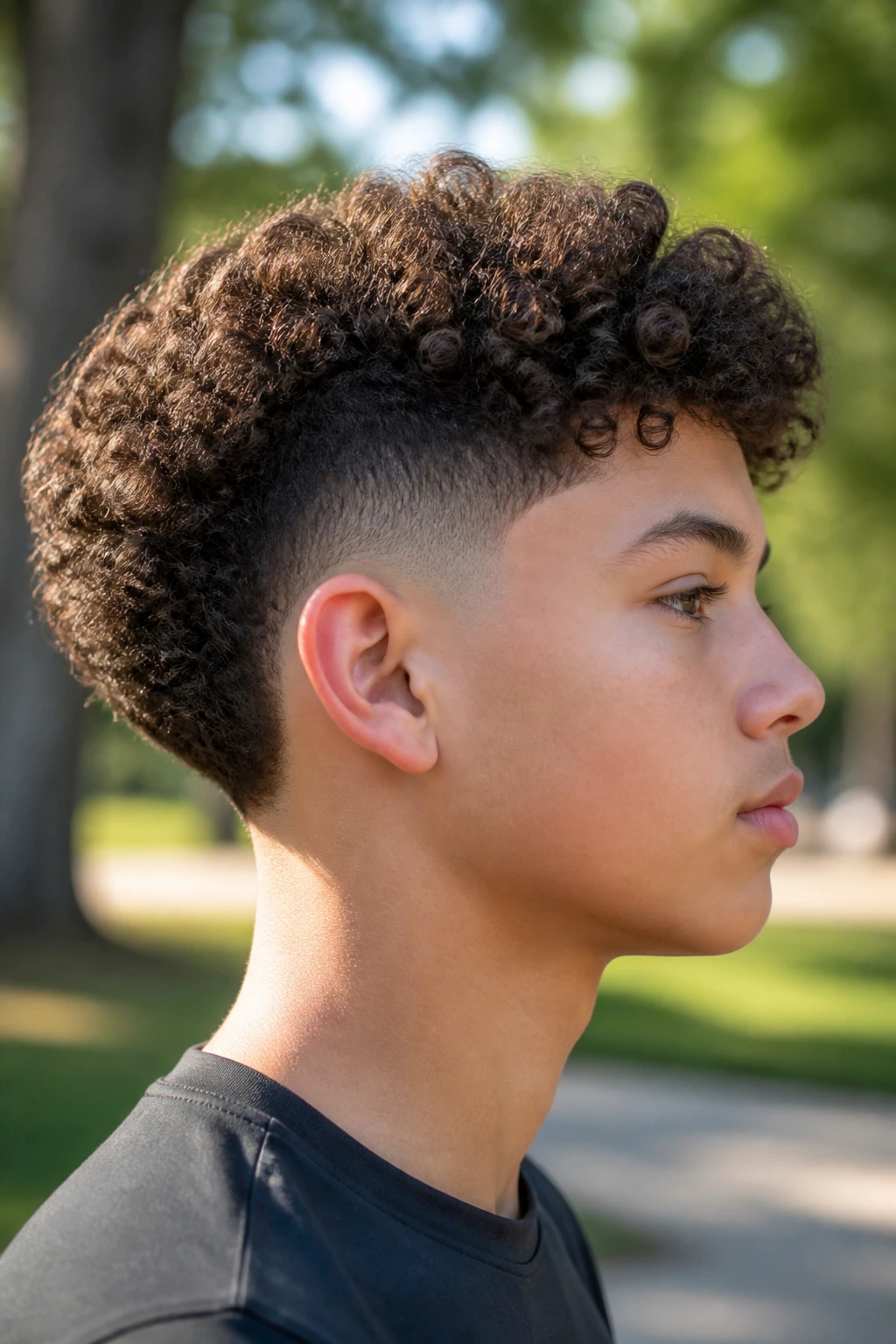 Side-profile of a boy with burst fade and curly top, natural daylight