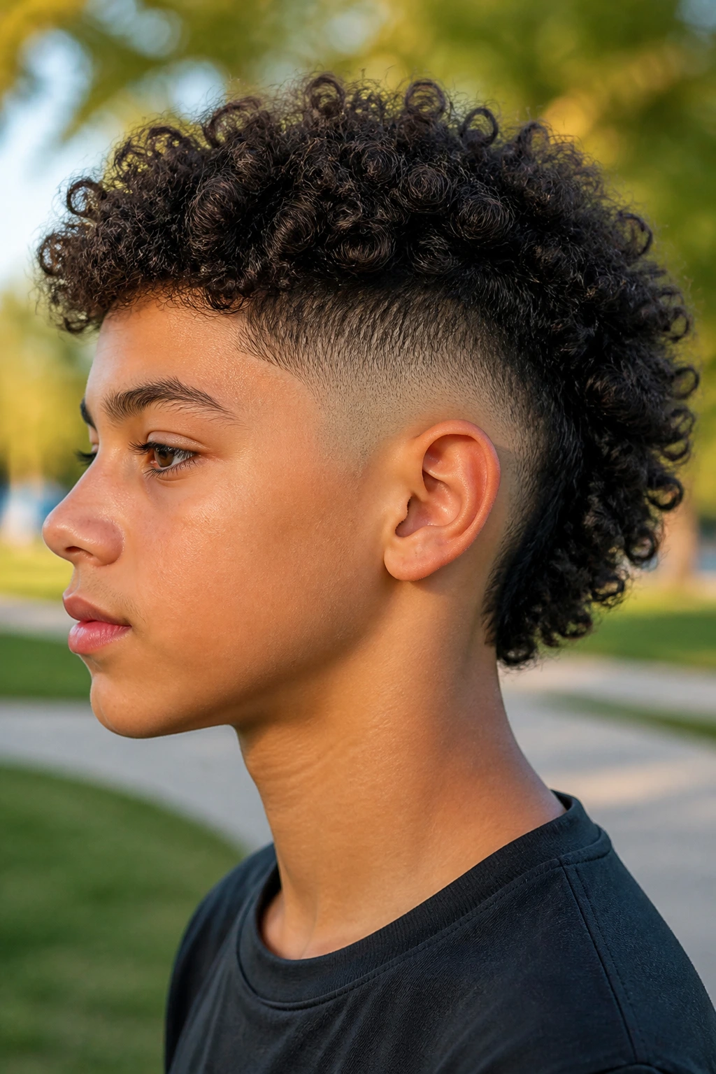 Close-up of a real boy with Burst Fade Curly Mohawk showing curved fade and curly middle strip
