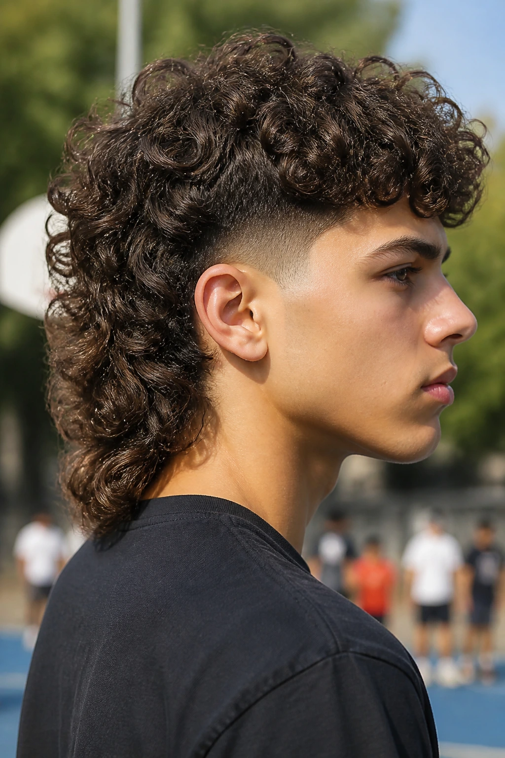 3/4 profile of a real boy with a burst fade curly mullet showing back-length curls