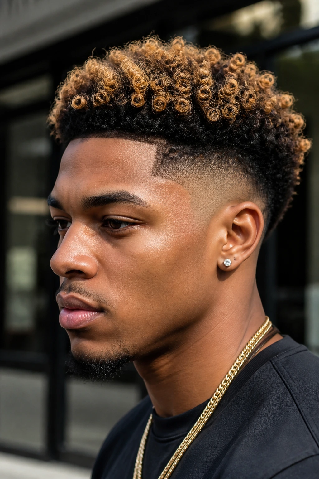 Close-up portrait of a real Black man with burst fade and gold curl crown
