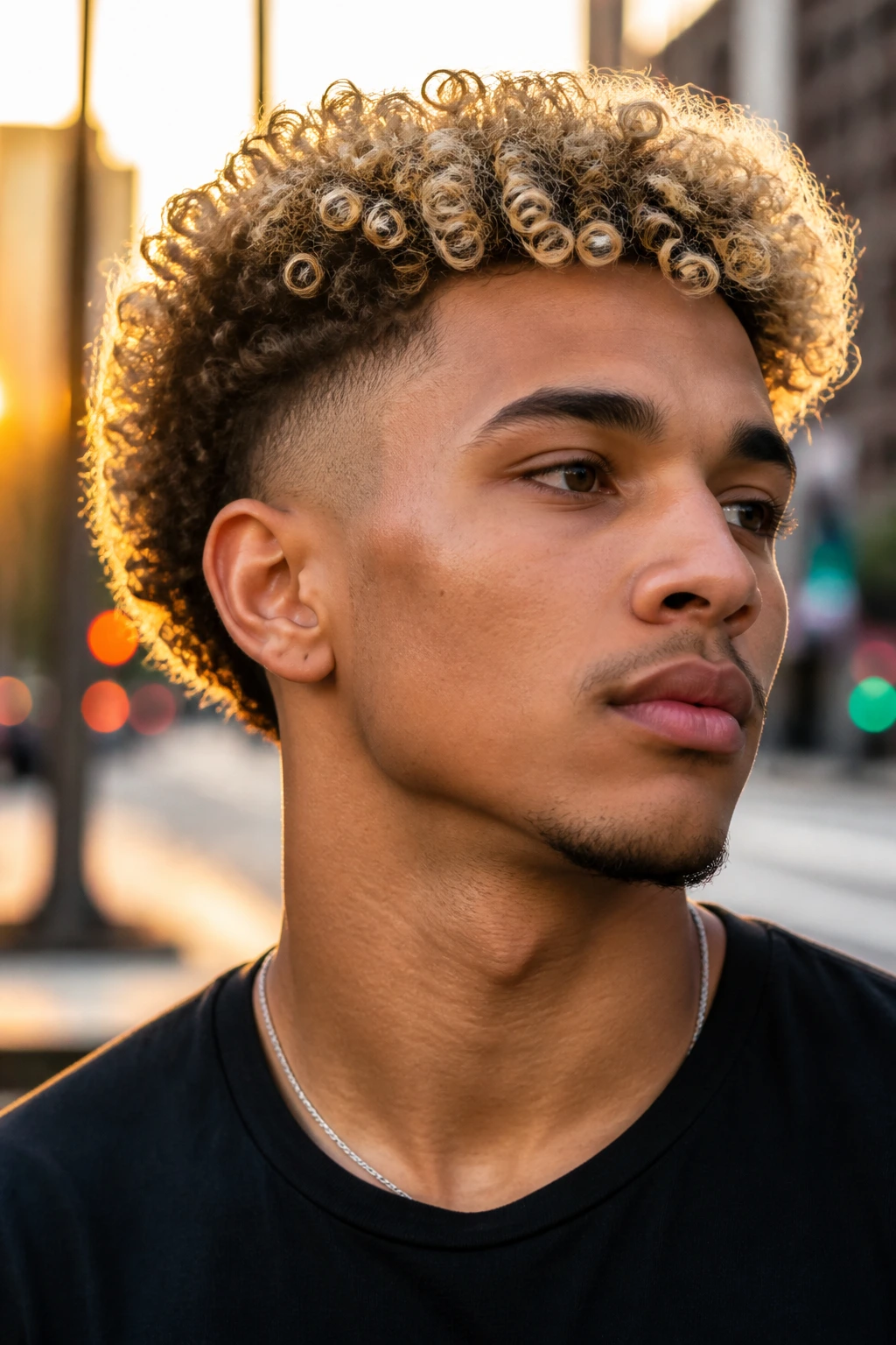 Portrait of a real person with burst fade and blonde halo curls