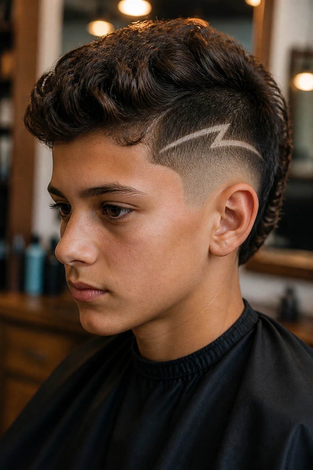Portrait of a real boy with burst fade Mohawk and bolt trail on wavy hair.