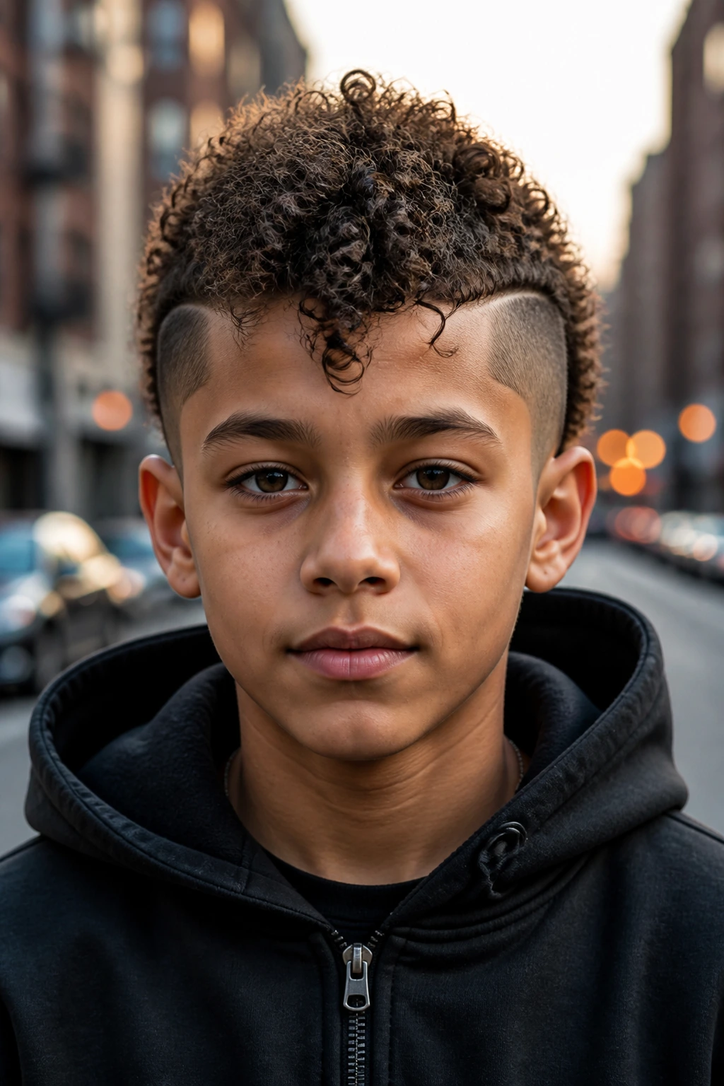 Preteen boy with burst fade mohawk and rounded sides in urban dusk setting.