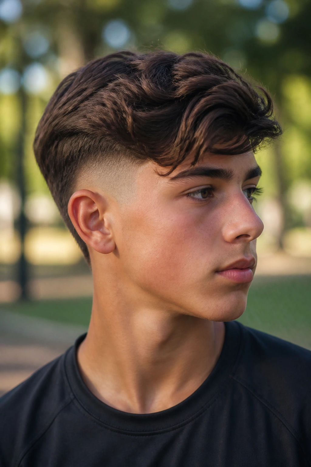 Close-up portrait of a real boy with Burst Fade Side Sweep hairstyle in an outdoor park