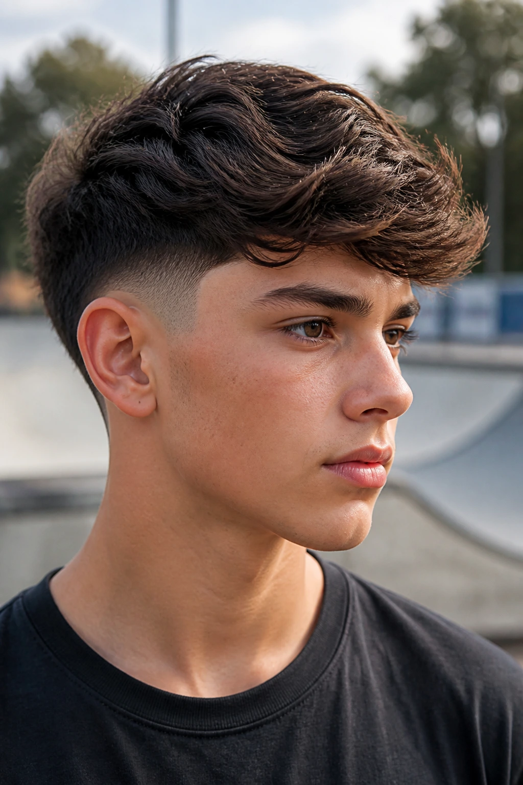 Close-up of a boy's head showing a Burst Fade Swoop hairstyle on thick hair outdoors