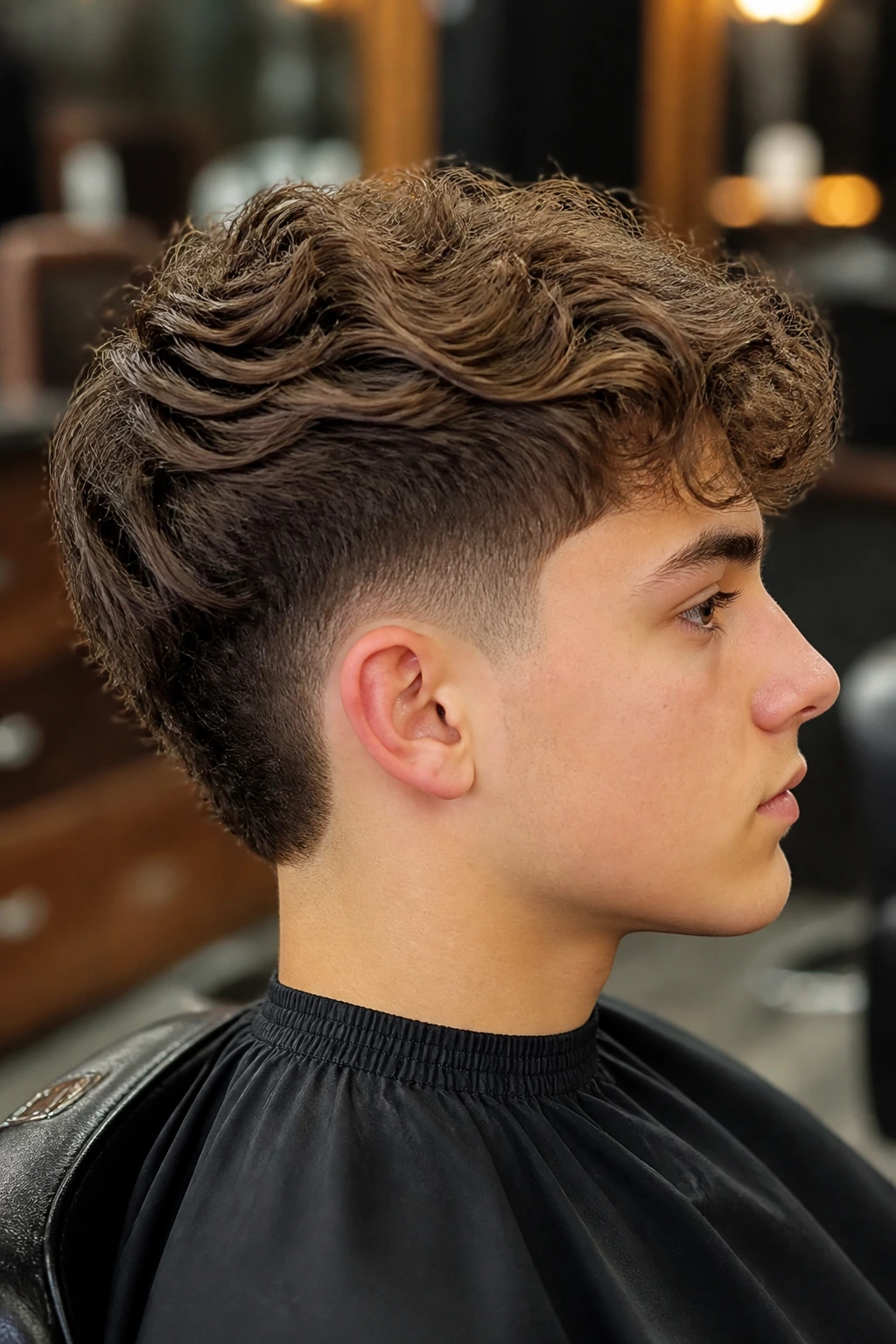 Close-up of a boy with burst fade and wavy crown in a barbershop