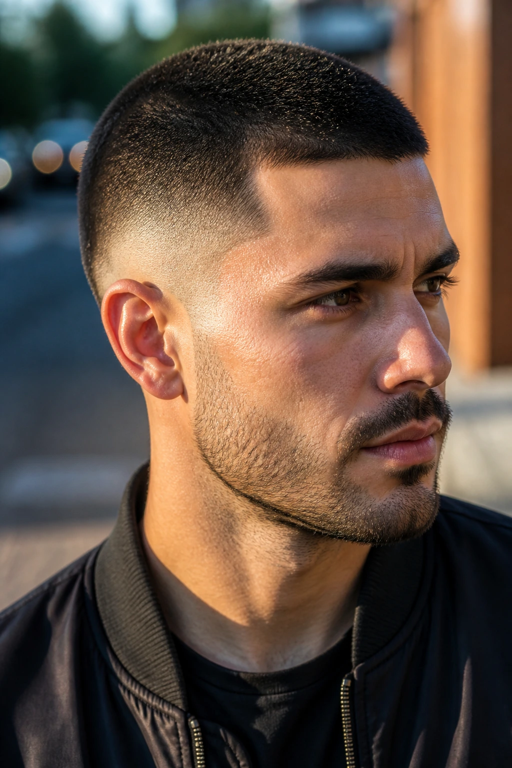 Three-quarter portrait showing burst taper around ear and cheekbone balance