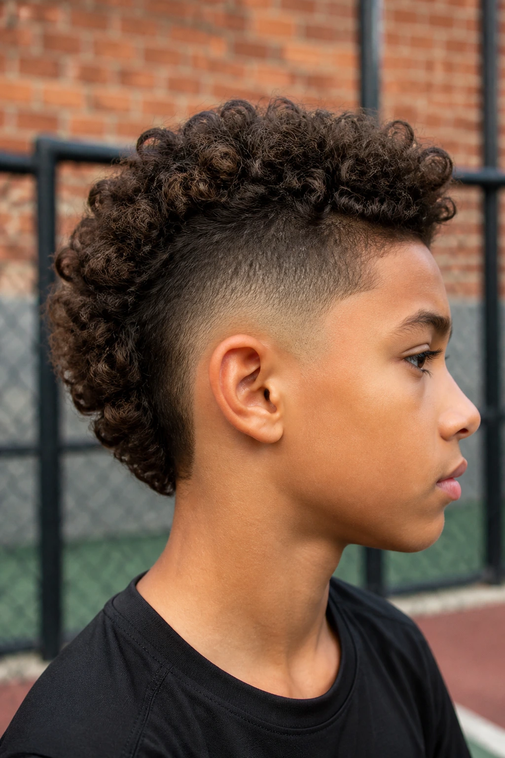 Boy with curly Mohawk and burst taper outdoors