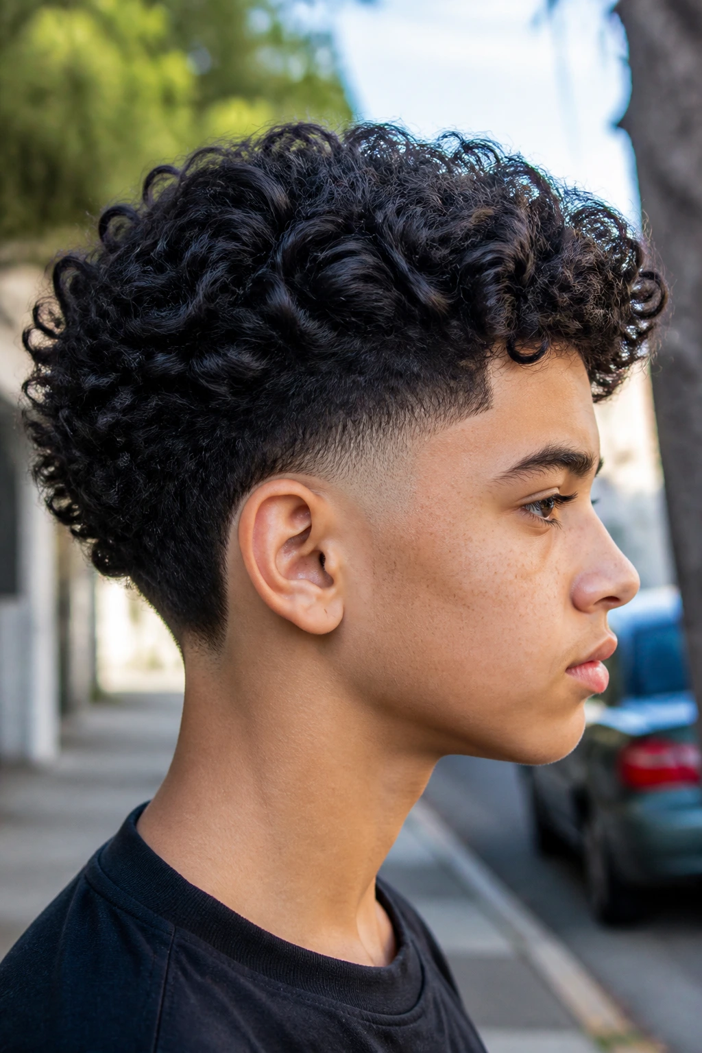 Close-up portrait of a boy with a curved burst taper around the ear