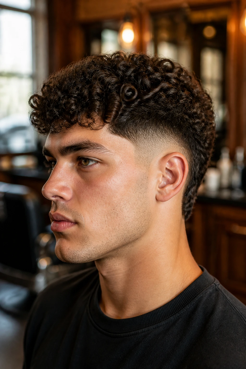 Close-up portrait of a real man with a curved burst fade and curly top