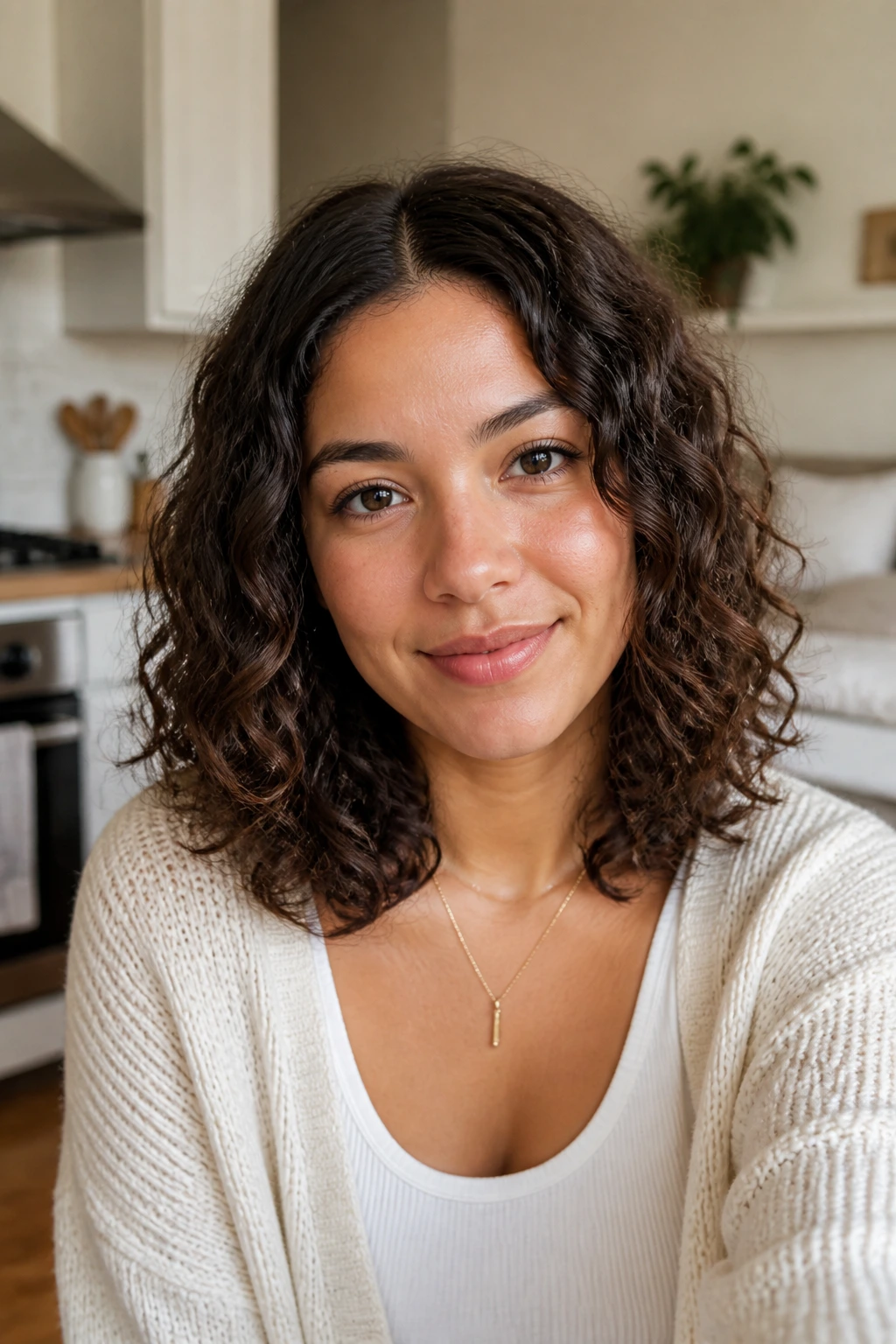 Real woman with shoulder-length curls in an everyday busy-day look.