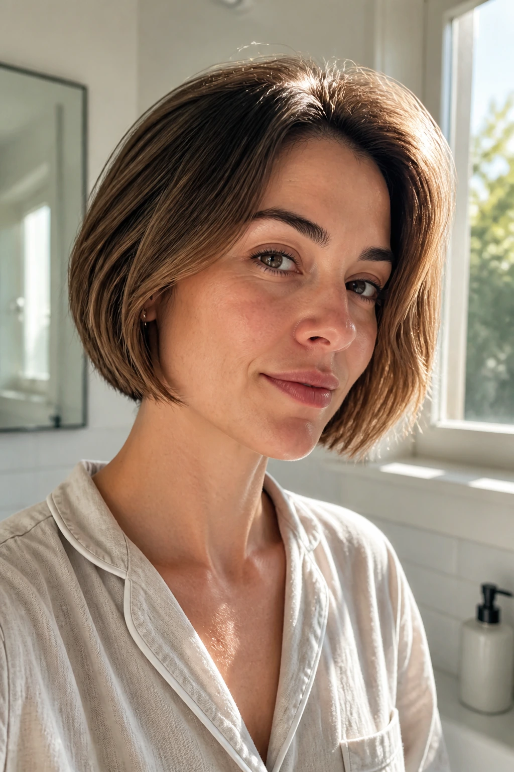 Close-up of a real woman with a quick, minimal-stir styling in a sunlit morning setting
