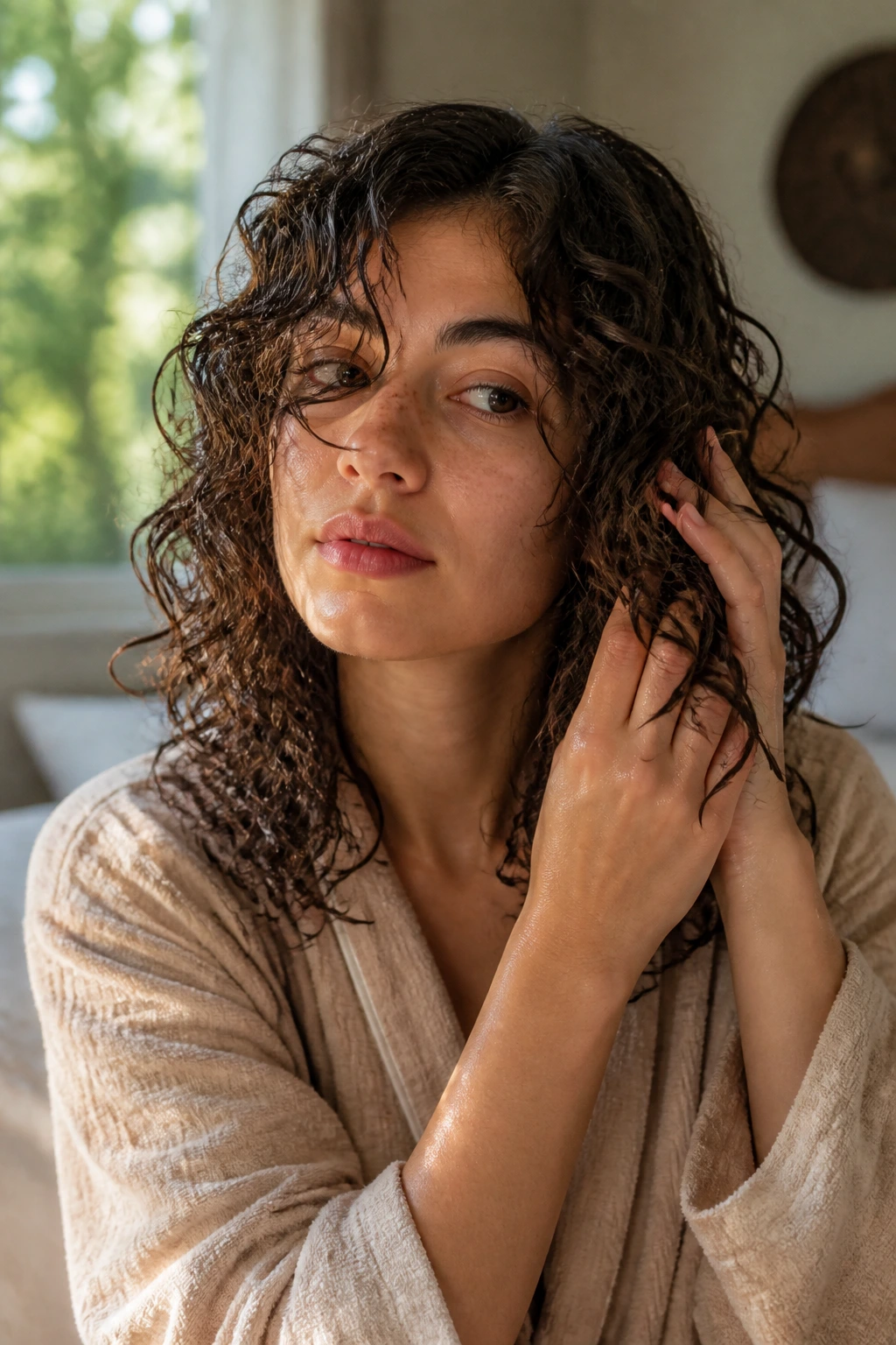 Close-up of a real woman with thick loose curls being scrunched in a sunlit bedroom, demonstrating busy-morning styling.