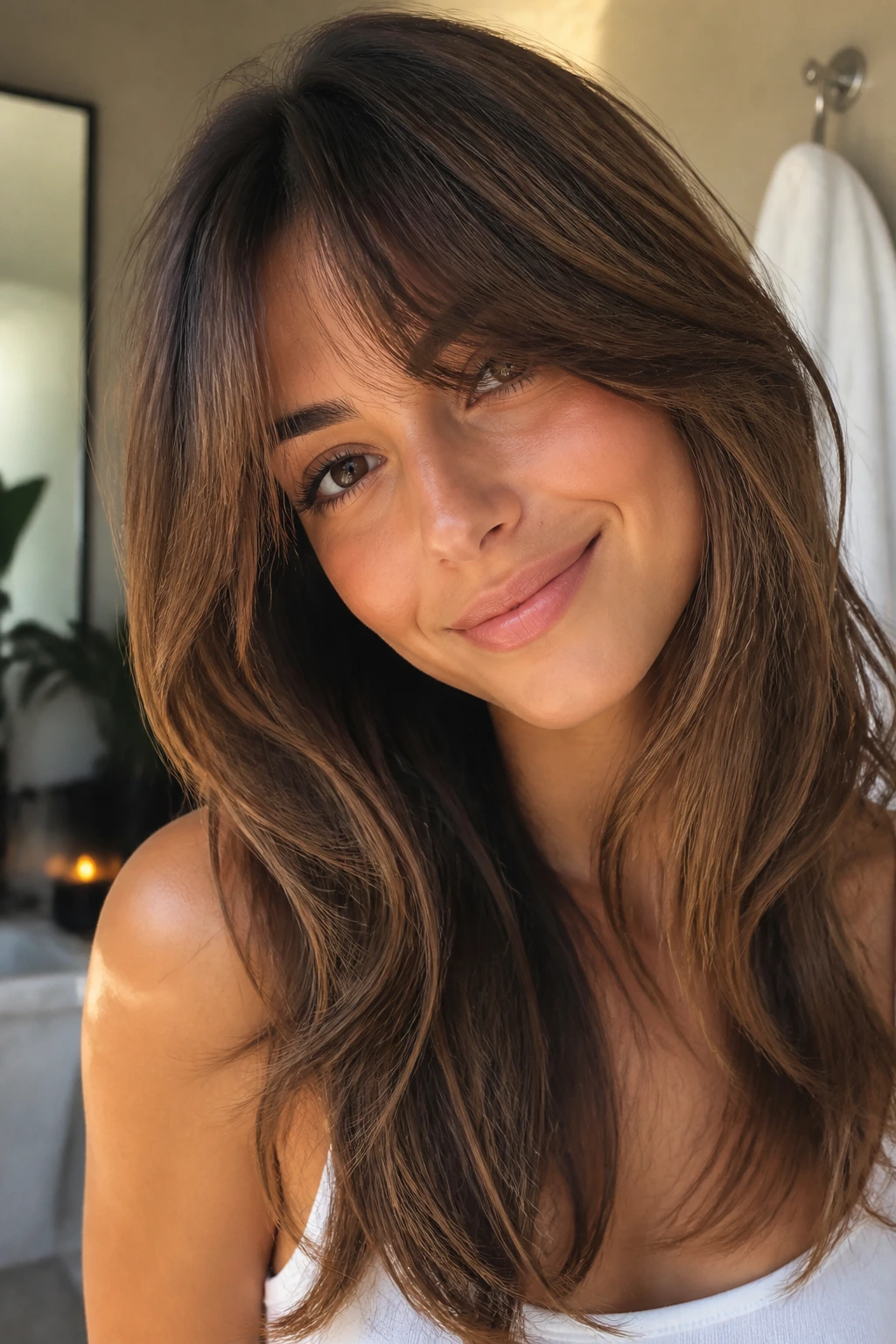 Close-up portrait of a real person with side-swept long layers framing the face under warm morning light