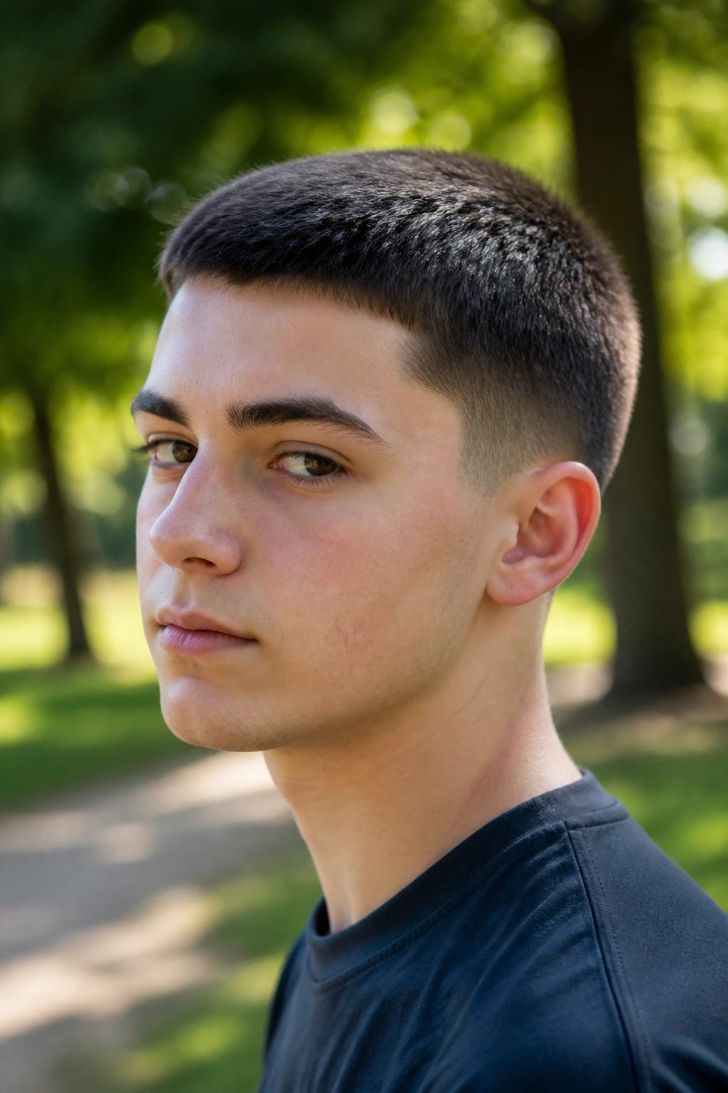 Close-up portrait of a real boy with a butch cut and soft taper in outdoor daylight