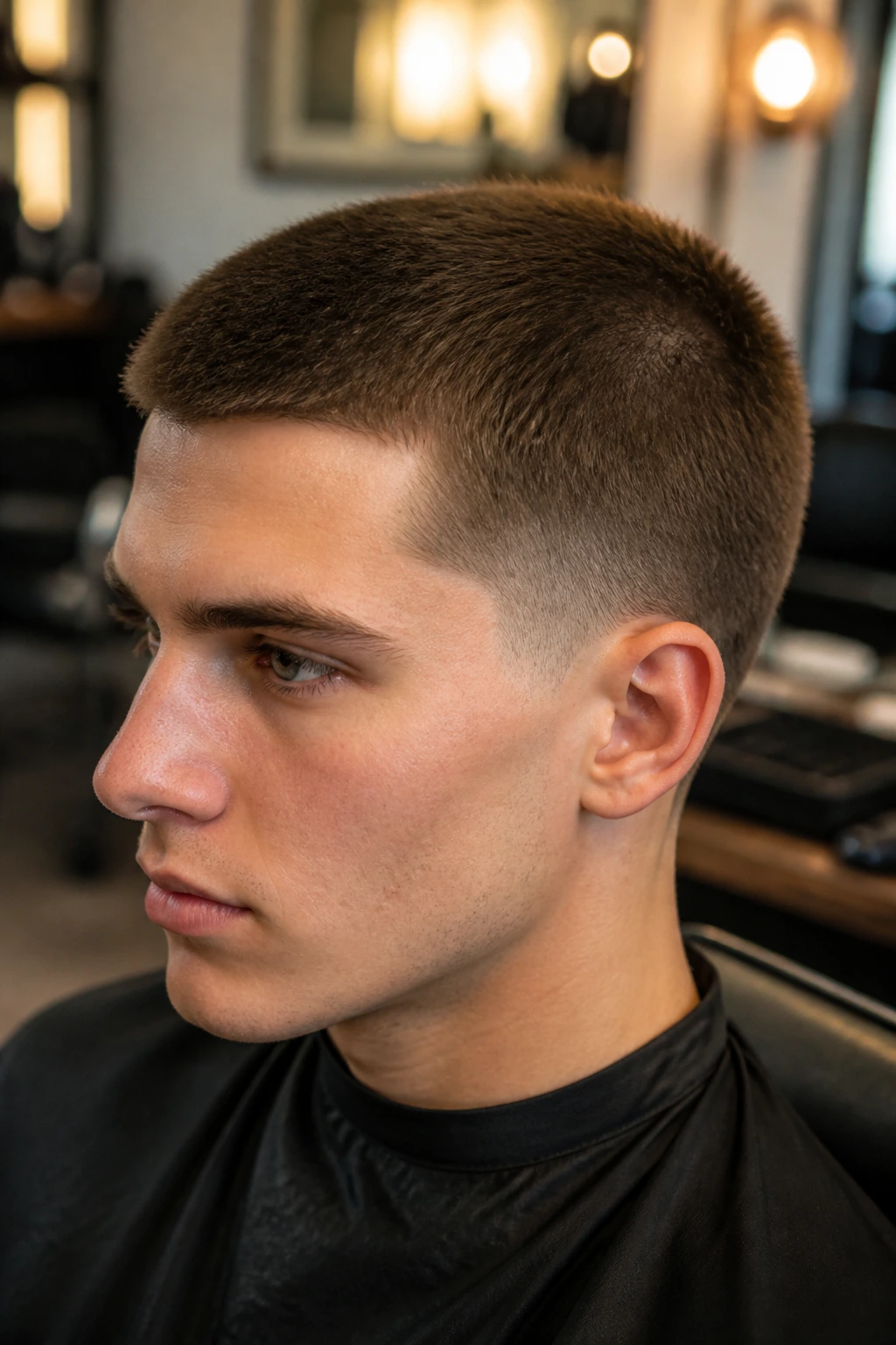 Man with butch cut and temple taper in barber chair.