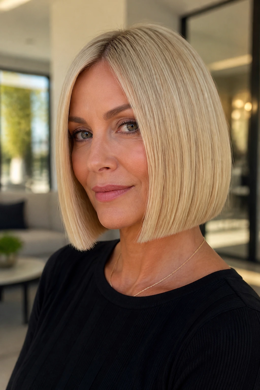Real woman with a blunt butter-blonde bob showing crisp edge and hidden bulk removal