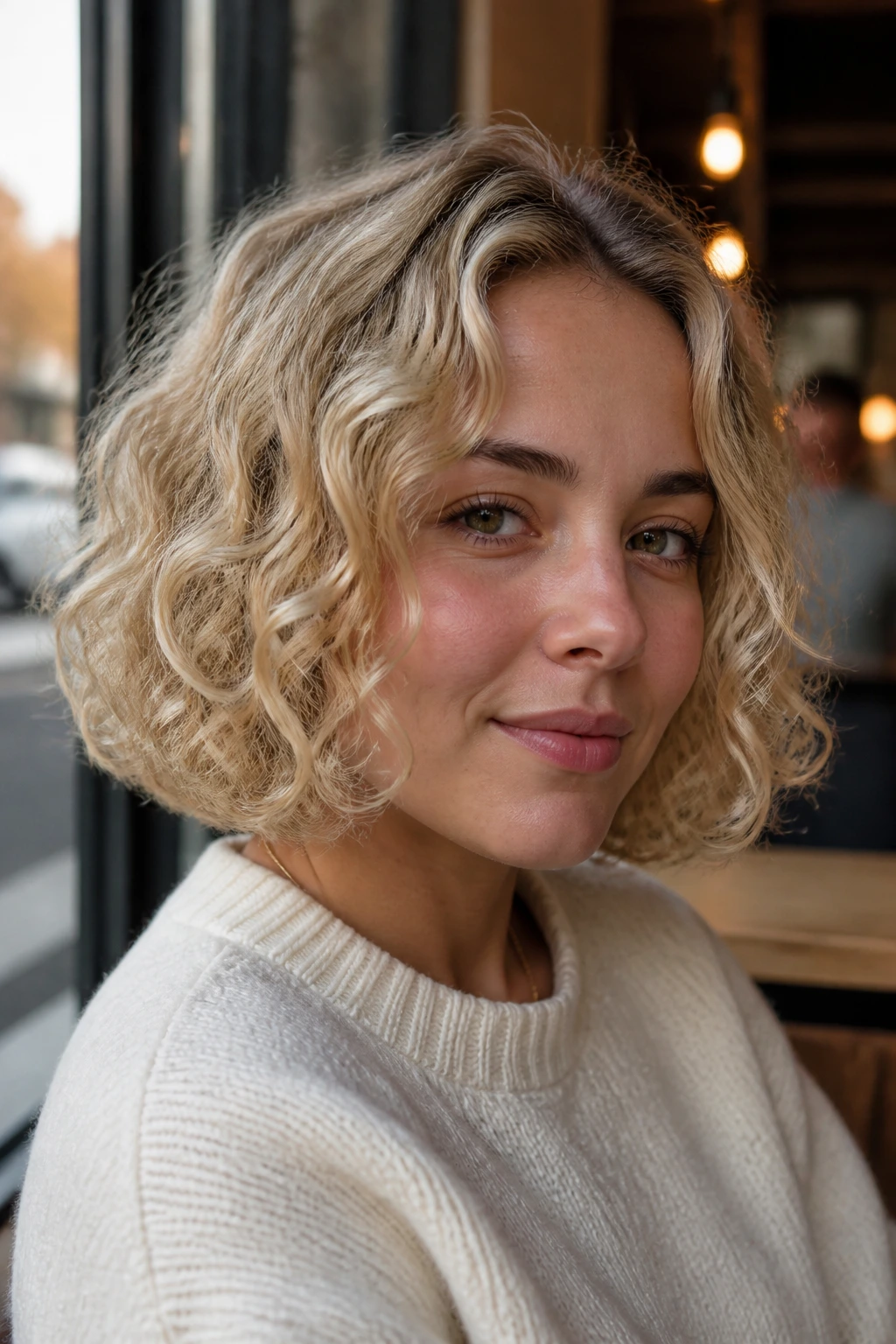 Close-up of a real woman with butter-blonde blunt lob and curly ends