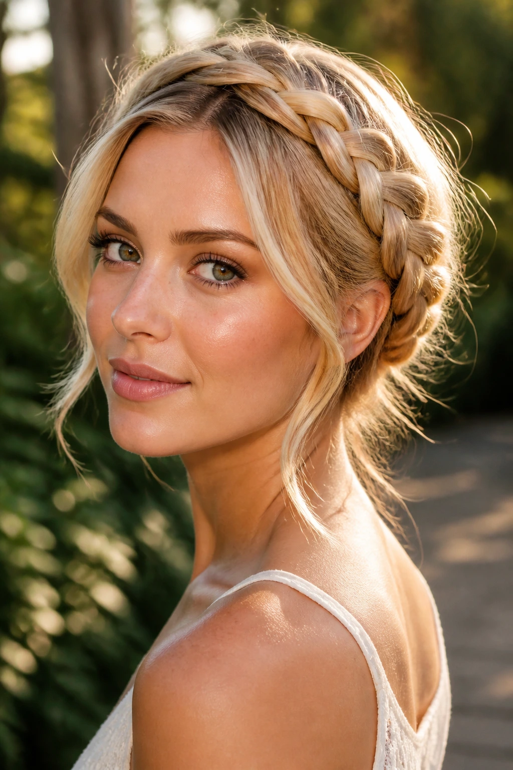 Real woman with a butter-blonde braided crown