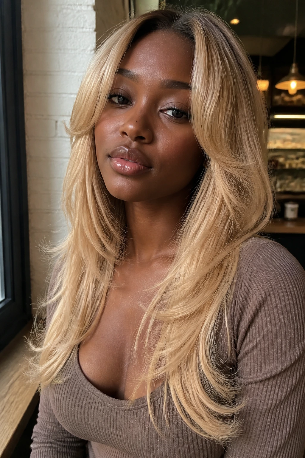 Portrait of a person with butter blonde butterfly cut