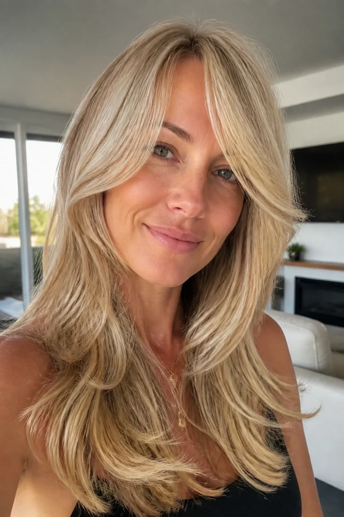 22 Blonde Long Layers for Fine Hair with Side-Swept Bangs