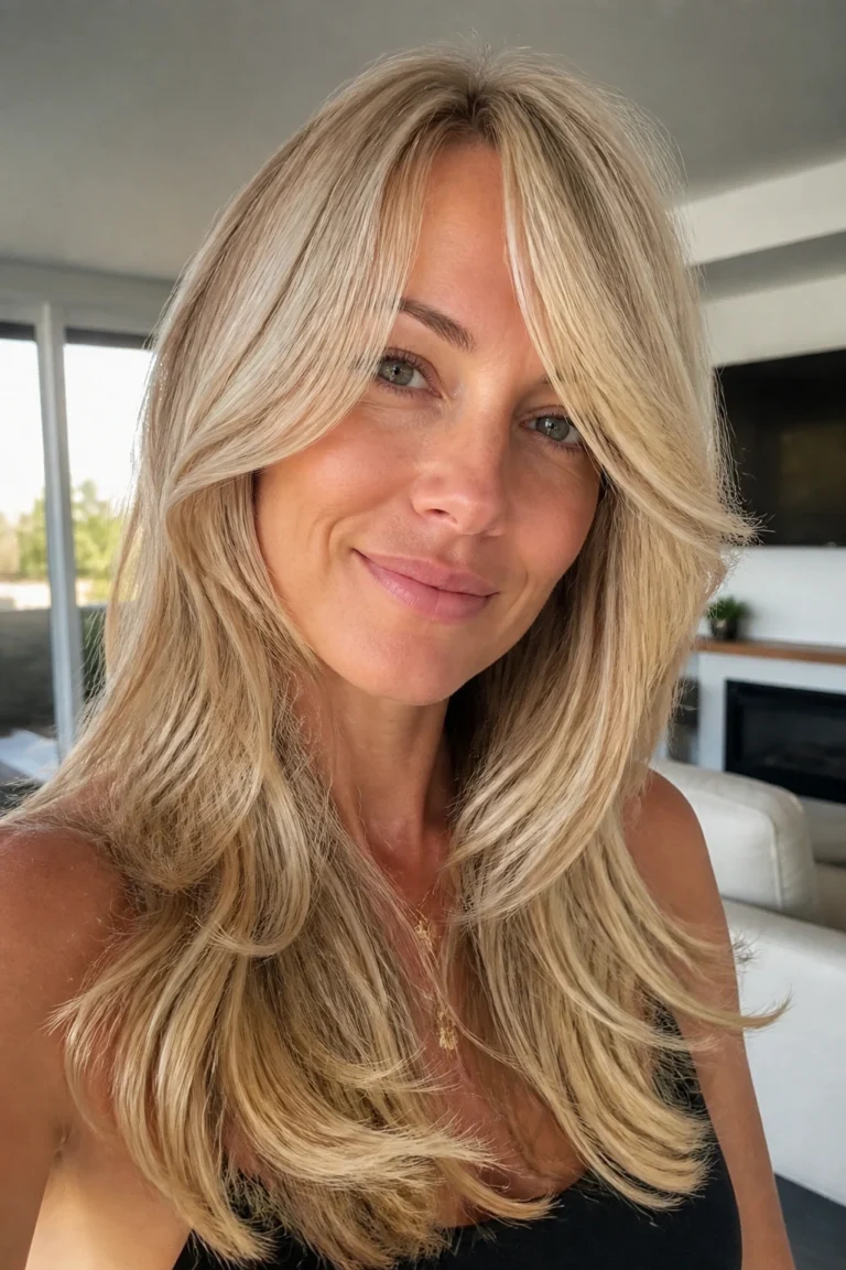 22 Blonde Long Layers for Fine Hair with Side-Swept Bangs