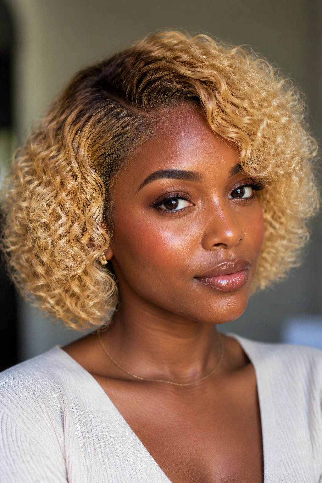 Portrait of a person with a butter blonde curly bob
