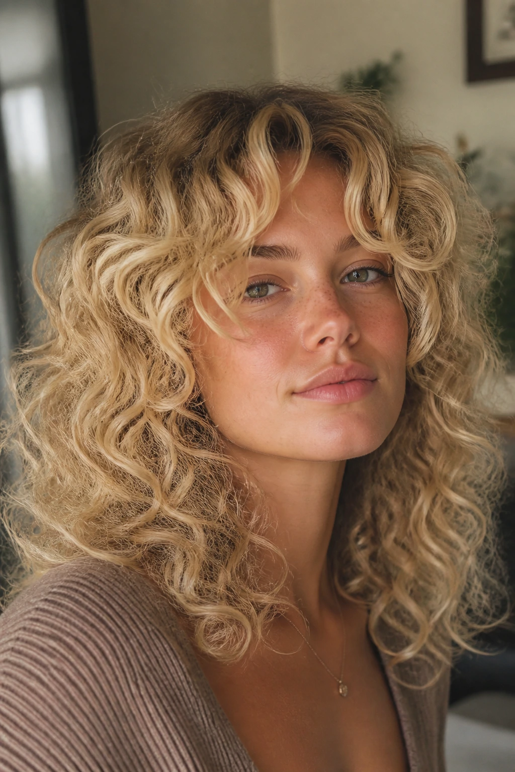 Close-up of a real woman with butter blonde curls and curtain bangs curling into cheeks