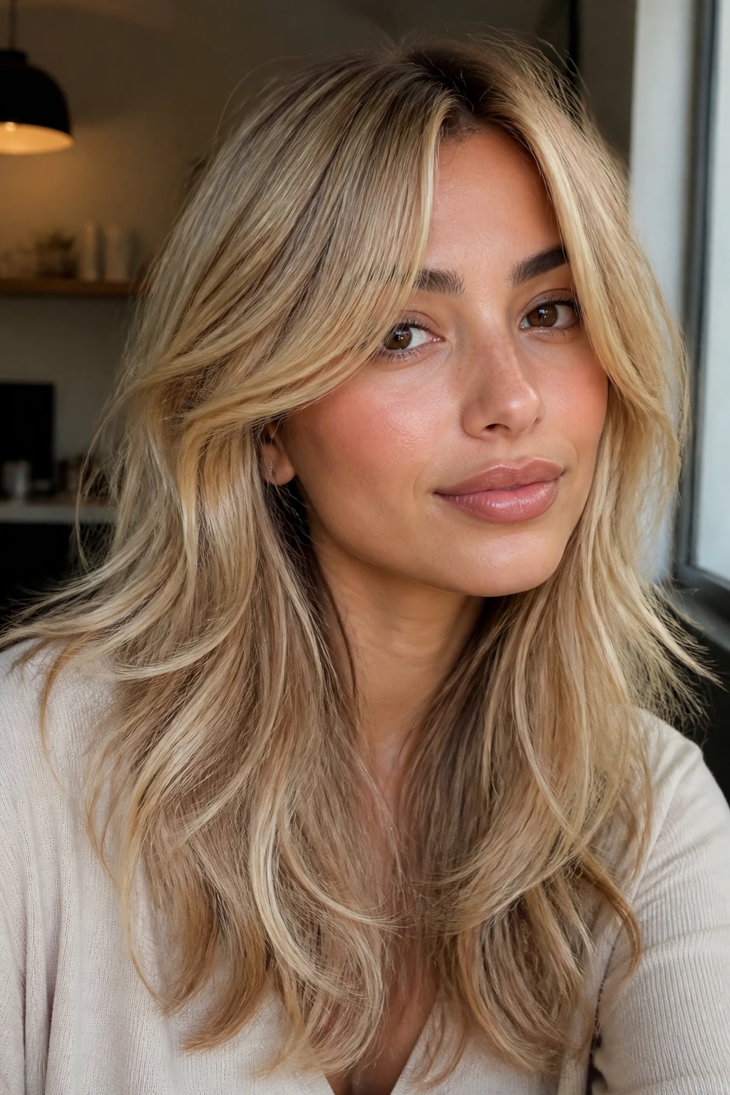 Portrait of a person with olive skin and brown eyes wearing butter blonde curtain bangs and layered hair