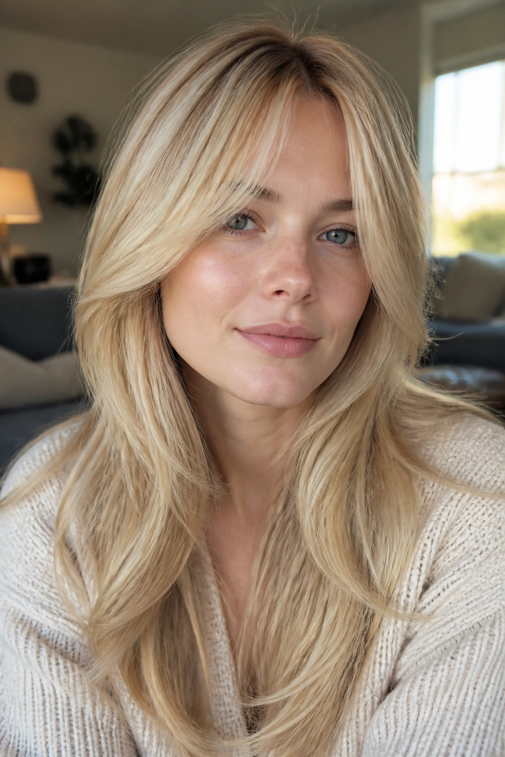 Portrait of person with butter-blonde curtain bangs and long layers