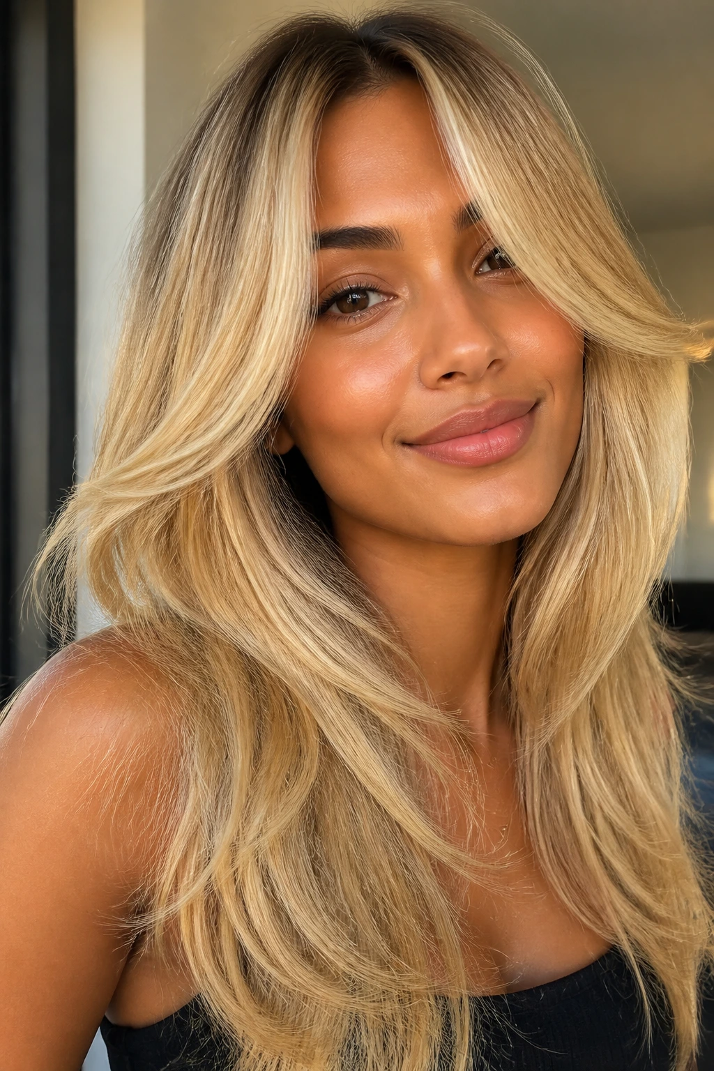 Portrait of a medium skin tone woman with butter blonde curtain layers