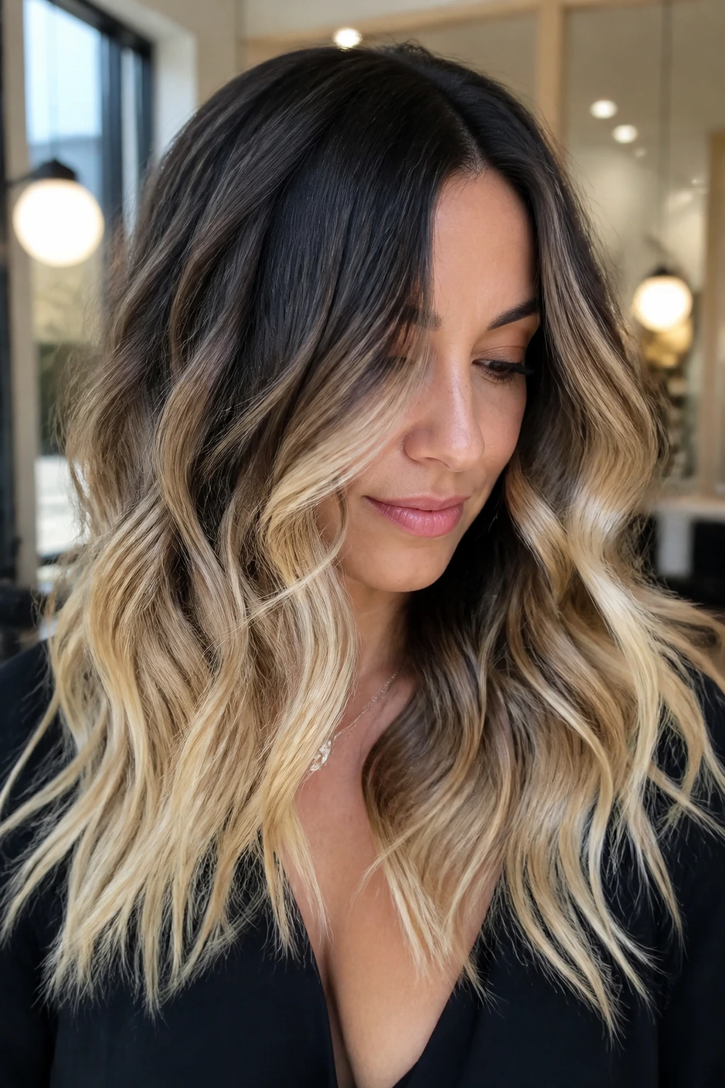 Close-up portrait of a real woman with butter-blonde ends and a dark interior, styled in soft waves in a sunlit salon.