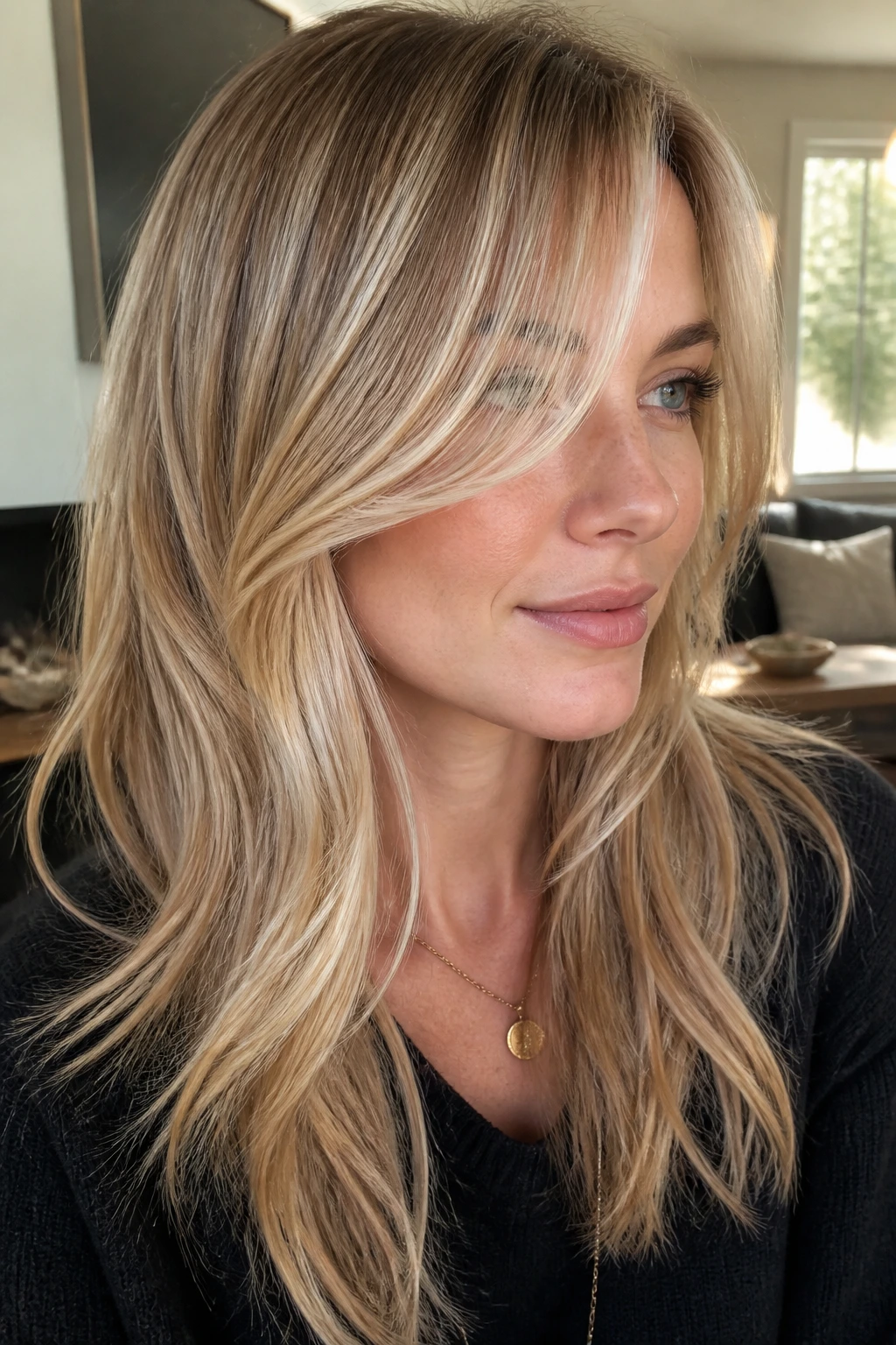 Close-up of a real woman with dimensional butter blonde and long side bangs