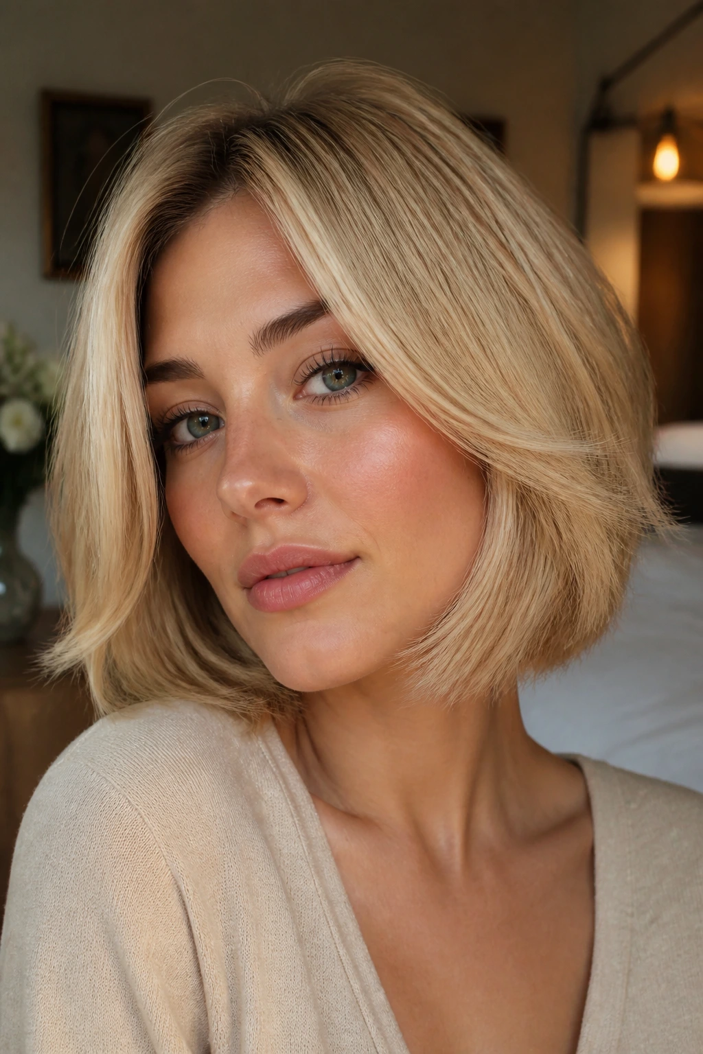 Portrait of a real woman with a butter-blonde feathered bob showing cheek-length movement.