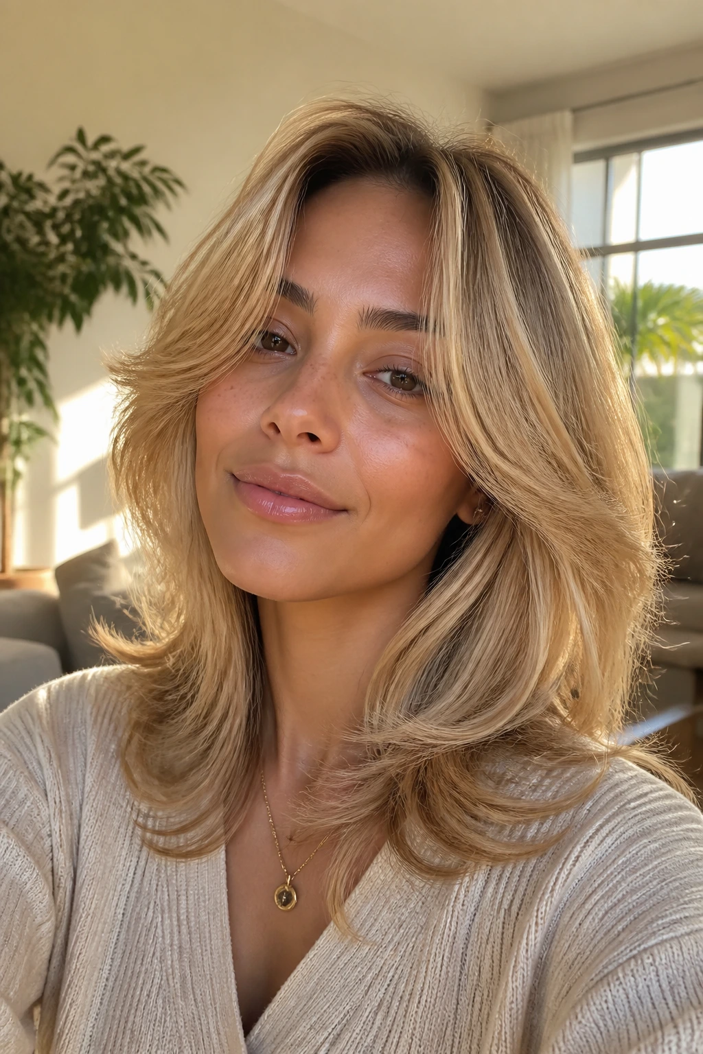 Close-up portrait of a woman with butter blonde feathered cut in natural light