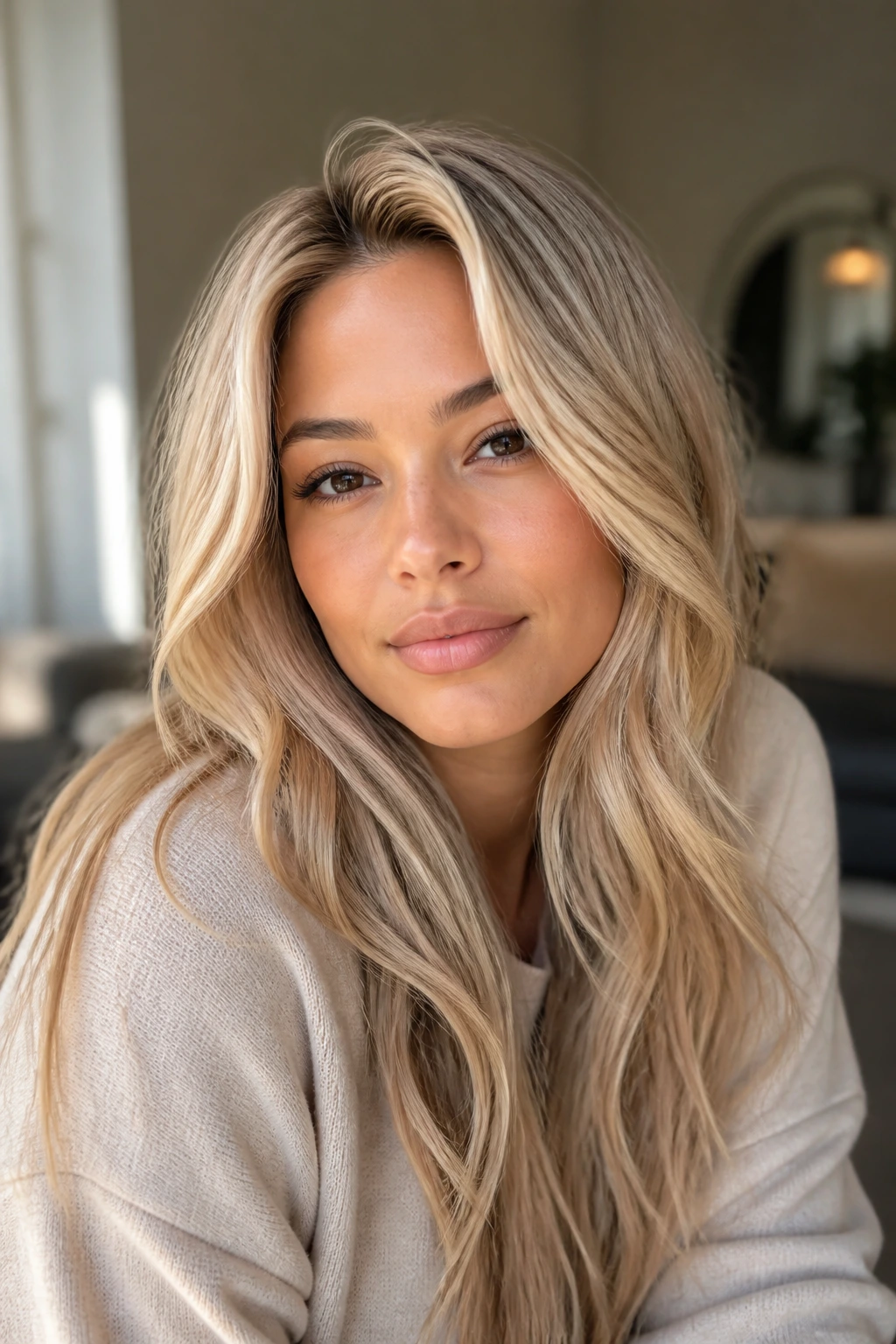 Close-up portrait of a real woman with butter blonde hair in warm window light.