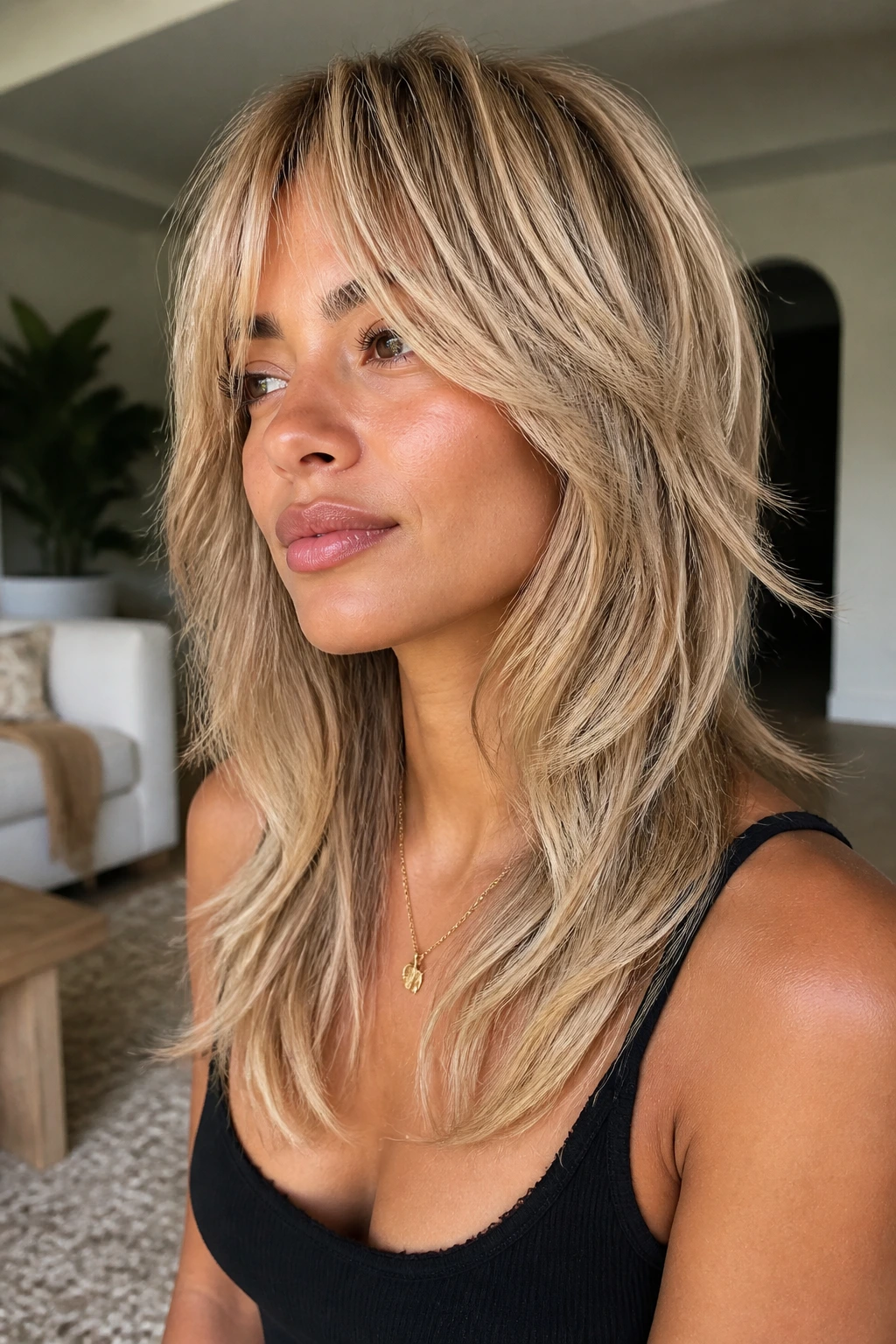 Portrait of a person with butter blonde layered shag hairstyle in a cozy room