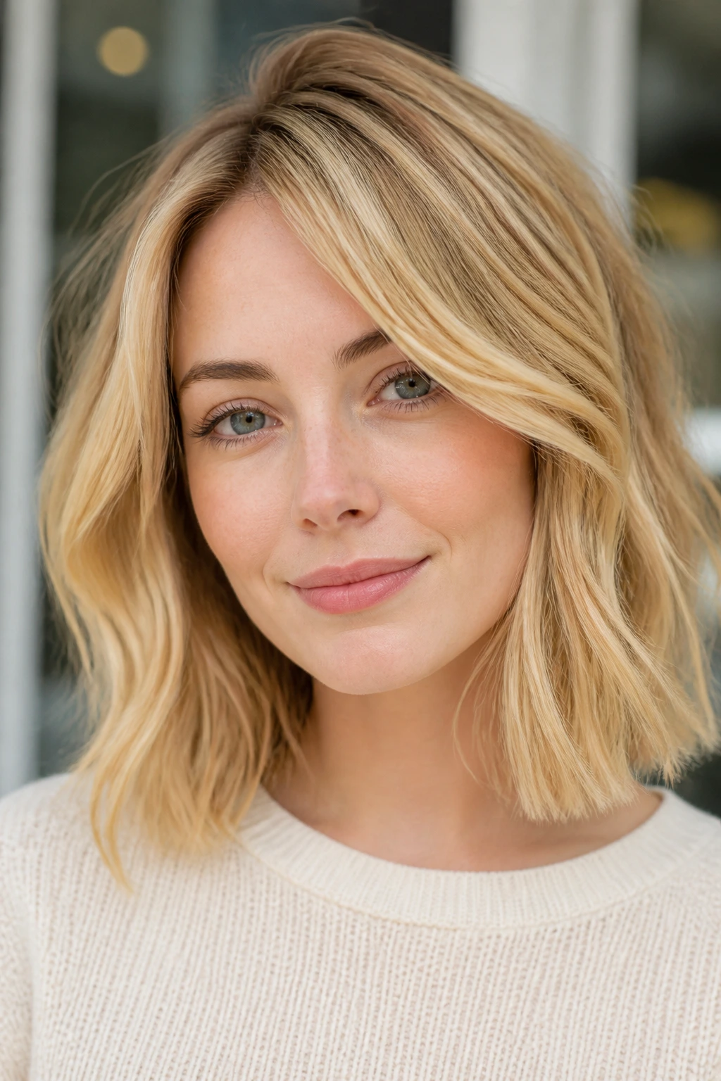 Close-up portrait of a real person with a golden butter lob hair color.