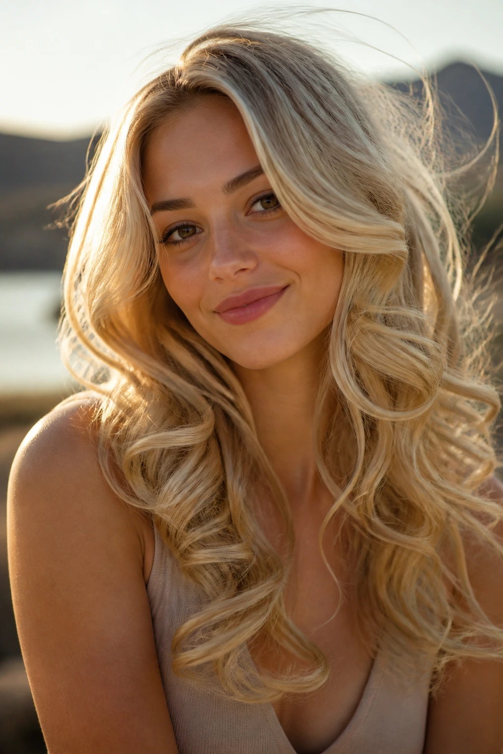 Close-up portrait of a real woman with butter blonde long curls