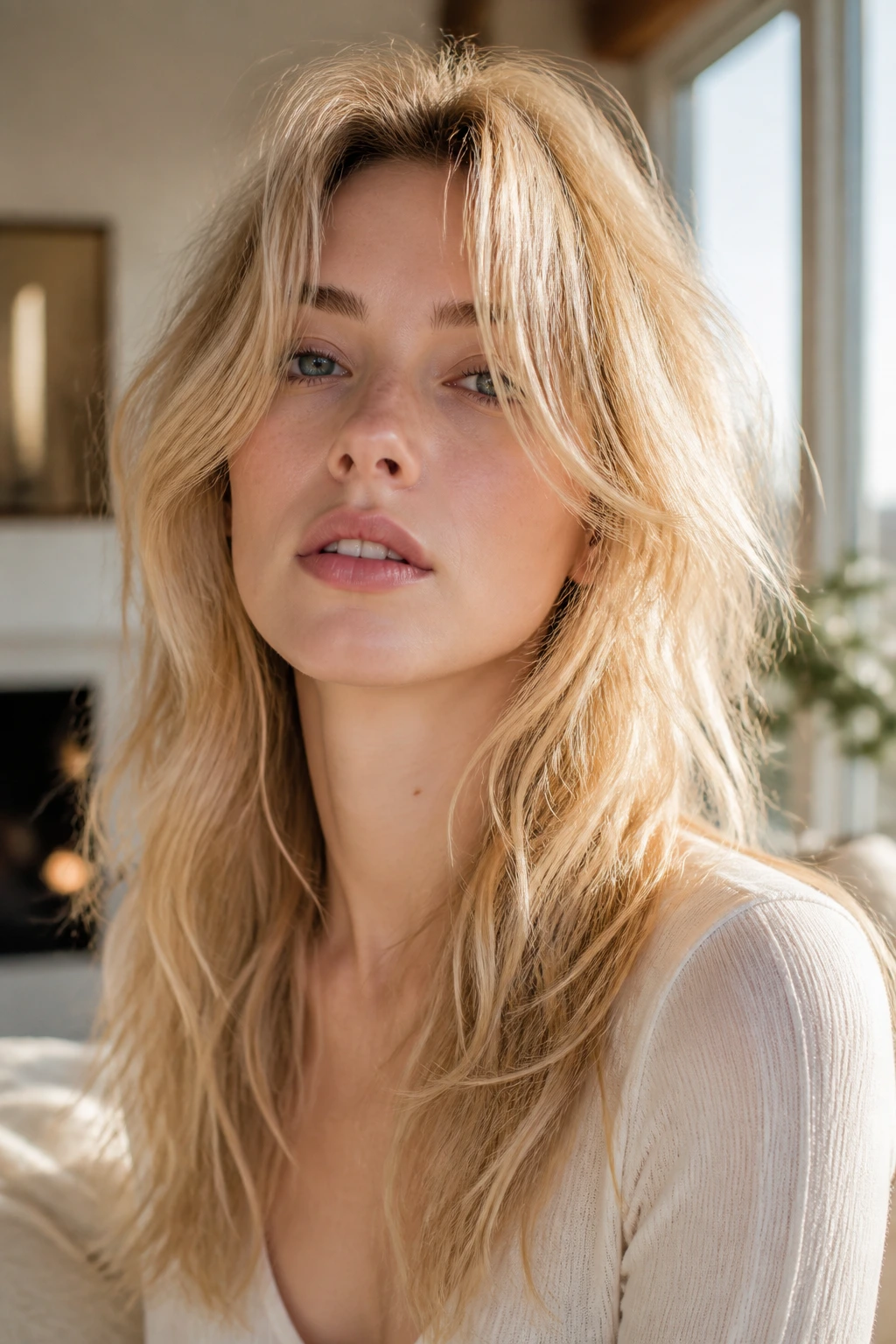 Close-up of butter blonde long shag with textured layers on pale skin