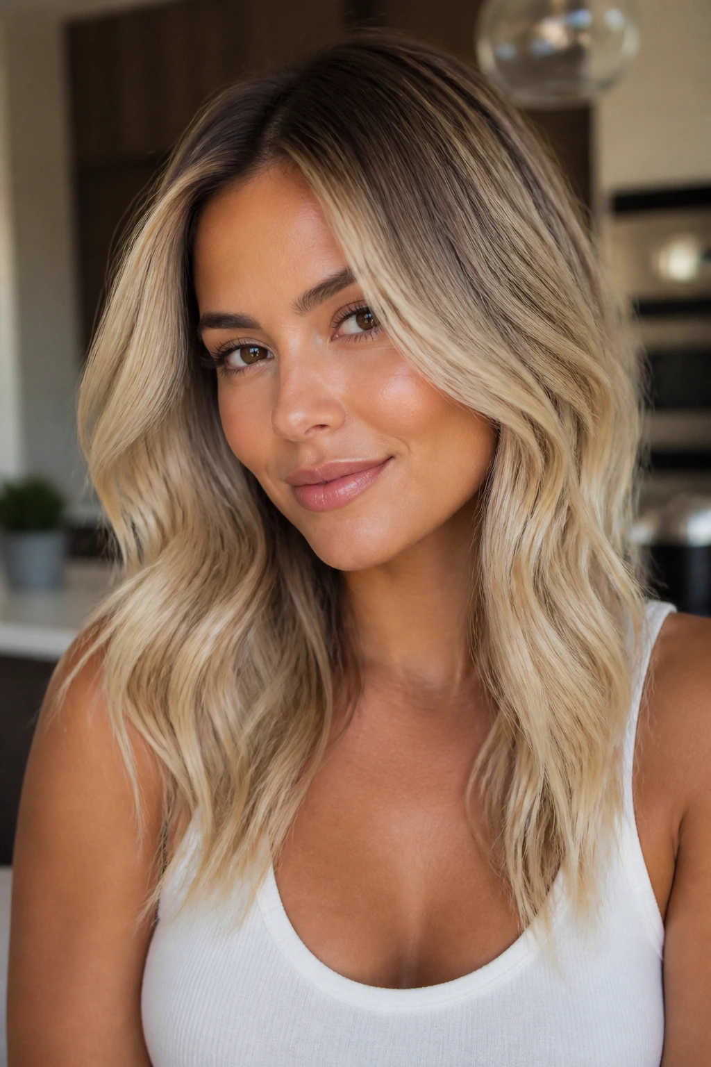 Close-up of a heart-shaped face with butter blonde melt and root shadow.