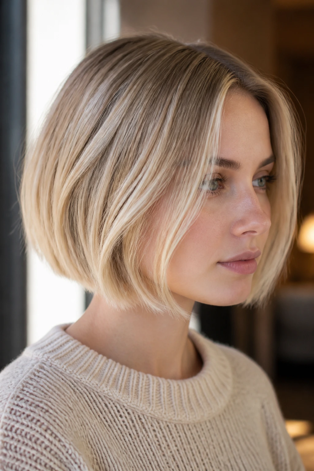 Portrait of butter blonde bob with micro-balayage on a real person