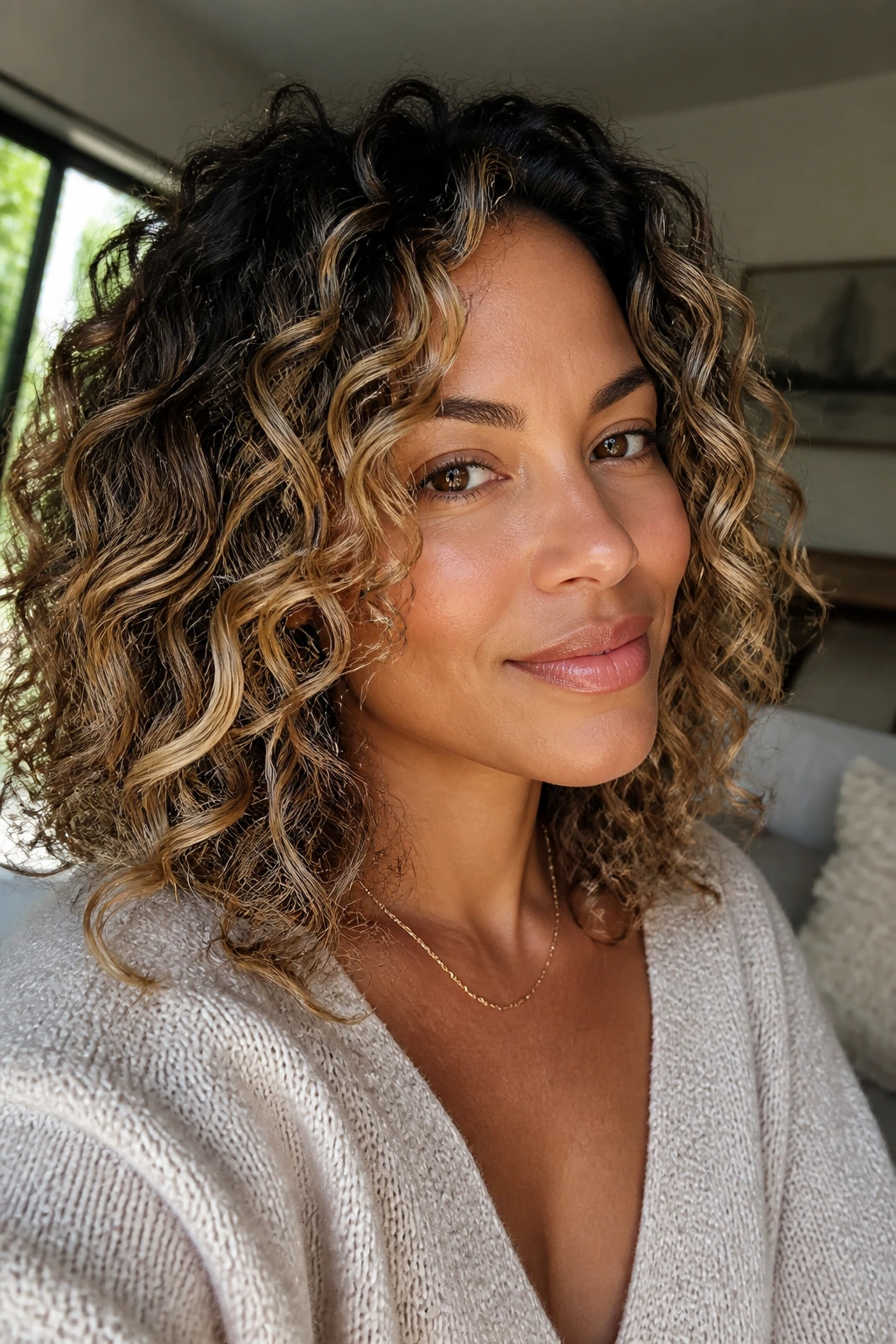 Close-up of a real woman's curly hair with butter blonde mid-length highlights in natural window light.
